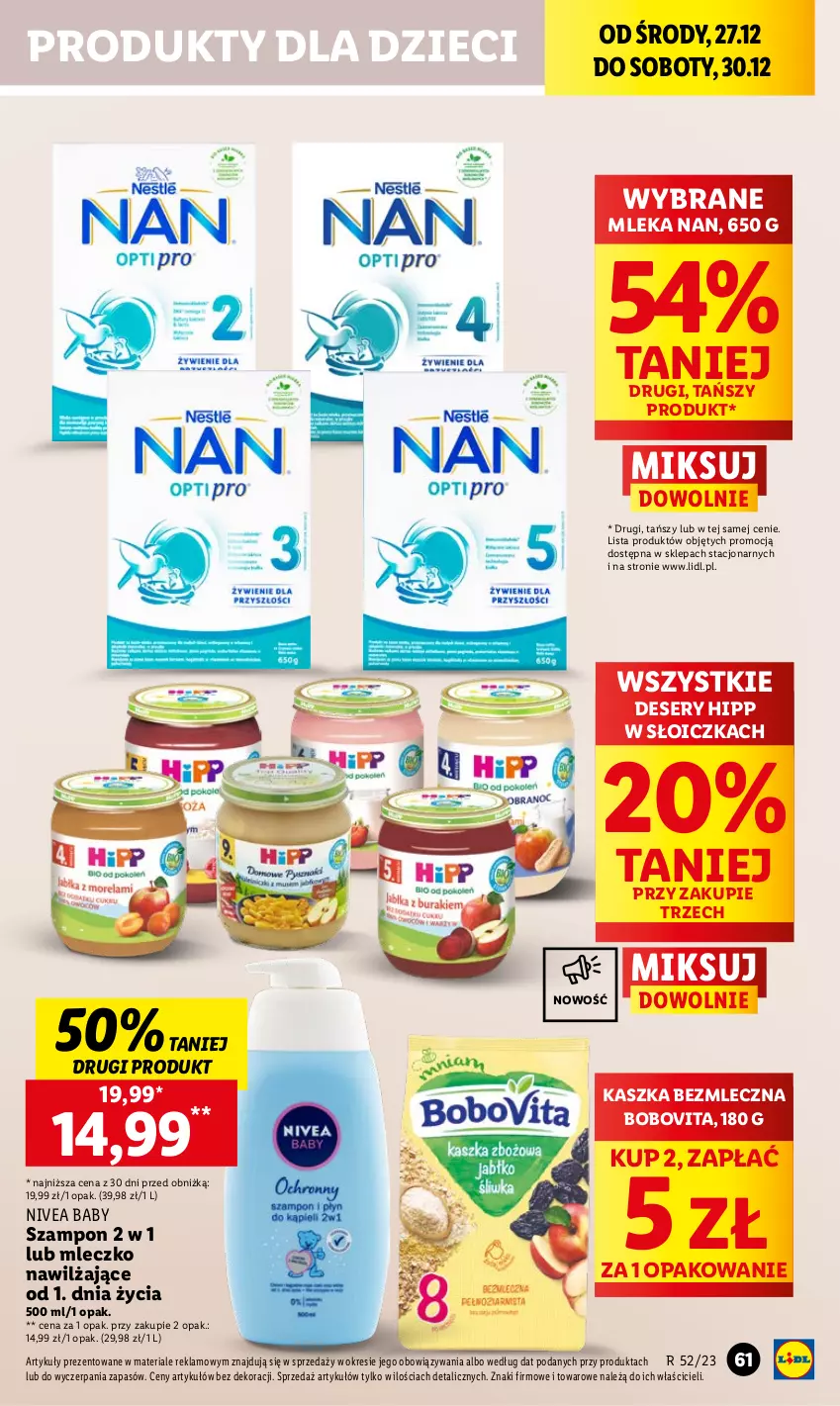 Gazetka promocyjna Lidl - GAZETKA - ważna 27.12 do 30.12.2023 - strona 65 - produkty: BoboVita, Deser, Dzieci, HiPP, Mleczko, Nivea, Nivea Baby, Ser, Szampon