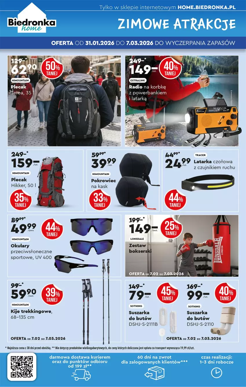 Gazetka promocyjna Biedronka - Home - ważna 07.02 do 14.02.2026 - strona 4 - produkty: Acer, Fa, Kask, Kije, Latarka, Latarka czołowa, Plecak, Pokrowiec, Por, Powerbank, Ser, Sport, Suszarka, Tarka, Tran