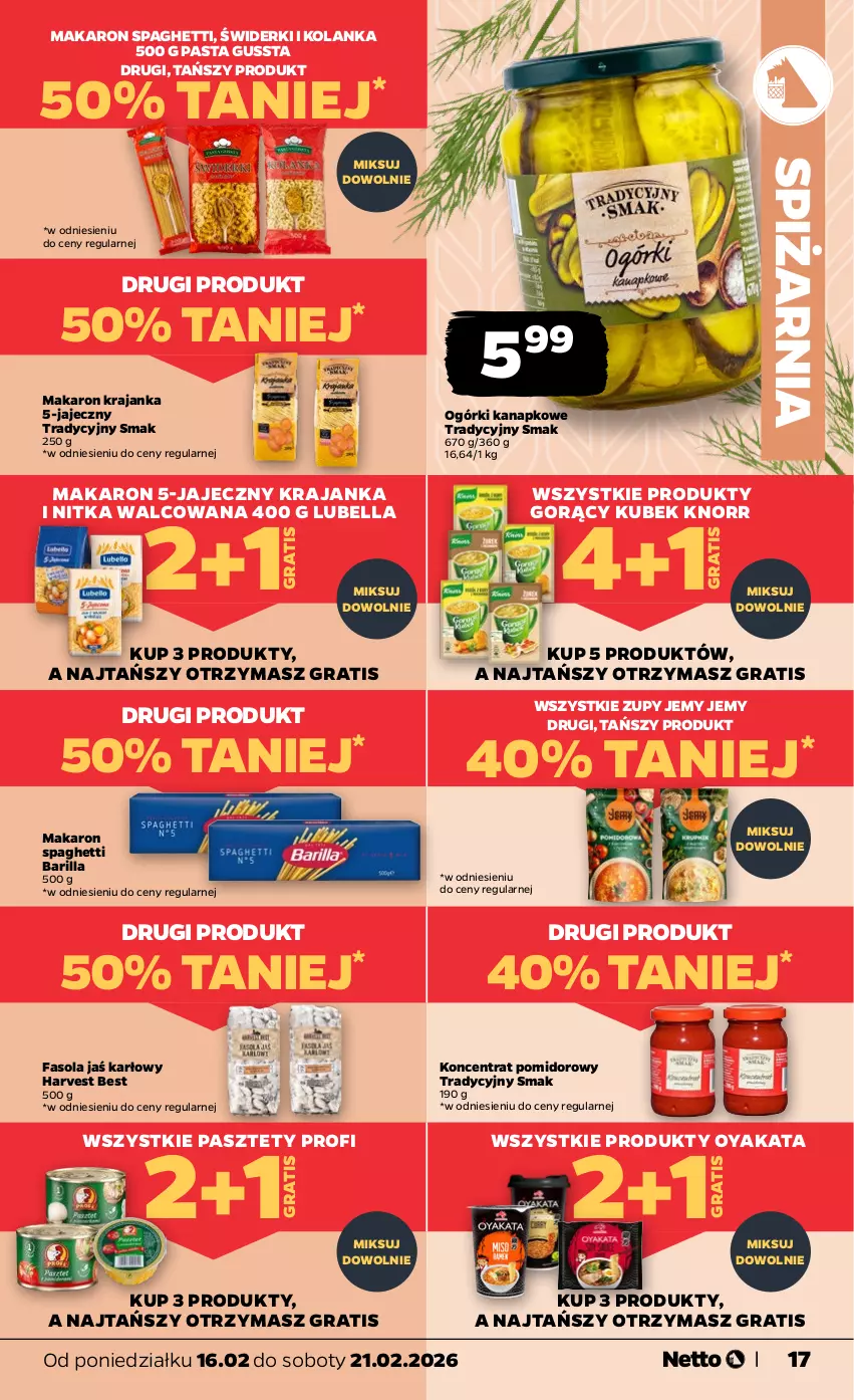 Gazetka promocyjna Netto - Od Poniedziałku - ważna 16.02 do 21.02.2026 - strona 17 - produkty: Barilla, Bell, Bella, Fa, Fasola, Gra, Knorr, Koncentrat pomidorowy, Kubek, Lubella, Makaron, Pasztet, Spaghetti