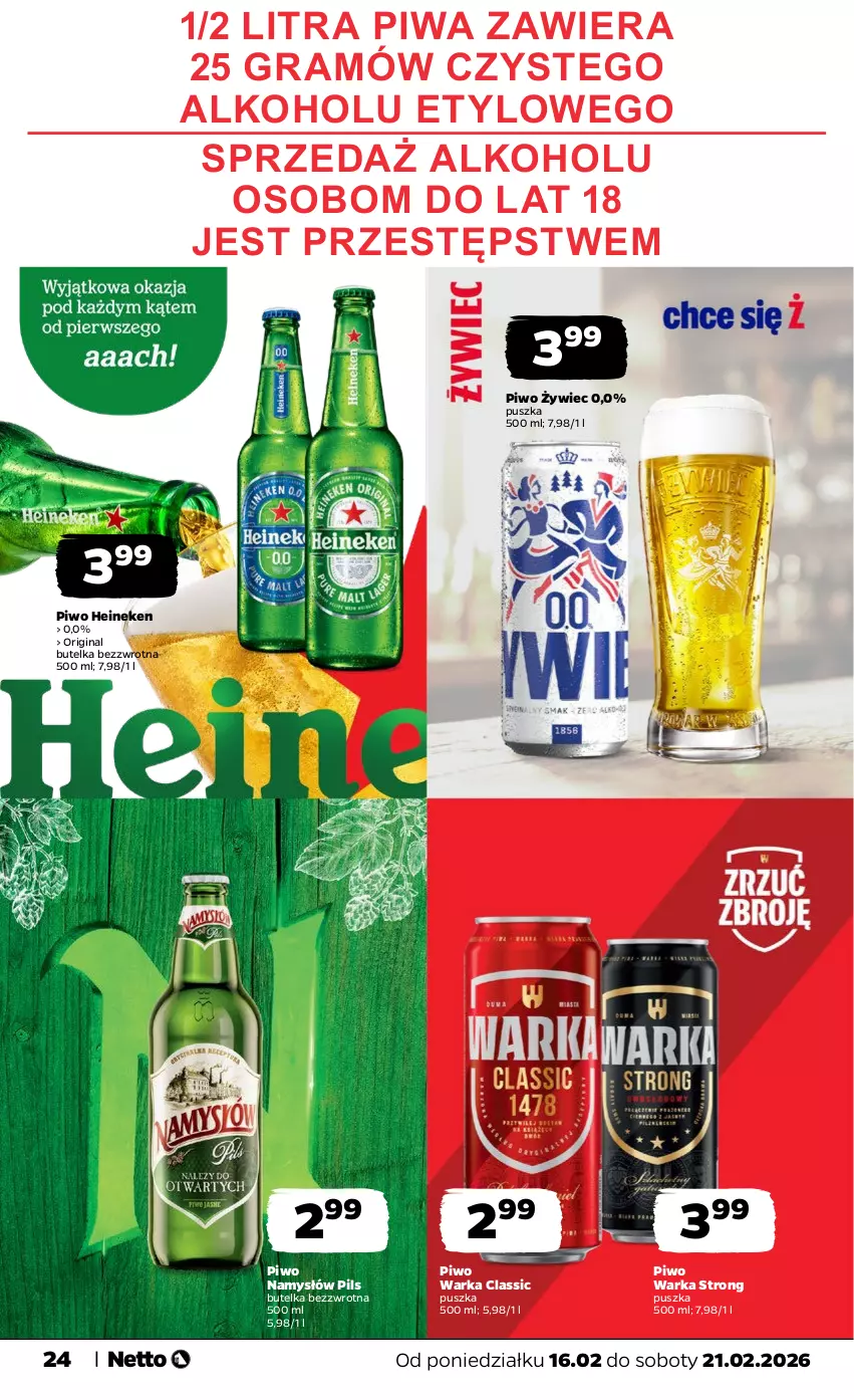 Gazetka promocyjna Netto - Od Poniedziałku - ważna 16.02 do 21.02.2026 - strona 24 - produkty: Gin, Gra, Heineken, Namysłów, Piwa, Piwo, Warka