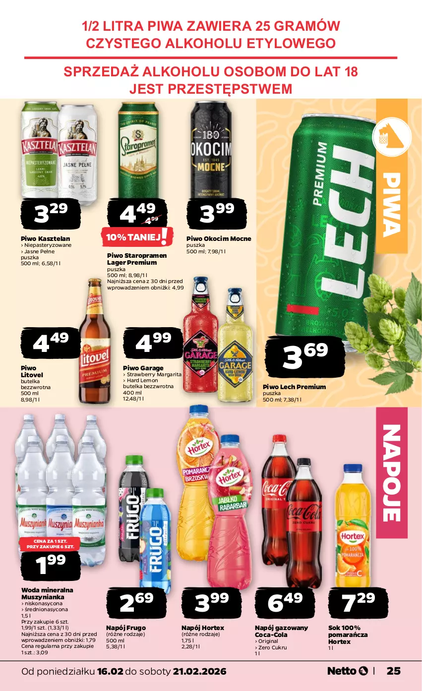 Gazetka promocyjna Netto - Od Poniedziałku - ważna 16.02 do 21.02.2026 - strona 25 - produkty: Coca-Cola, Gin, Gra, Hortex, Kasztelan, Koc, Lech Premium, Mus, Muszynianka, Napój, Napój gazowany, Napoje, Okocim, Piwa, Piwo, Sok, Woda, Woda mineralna