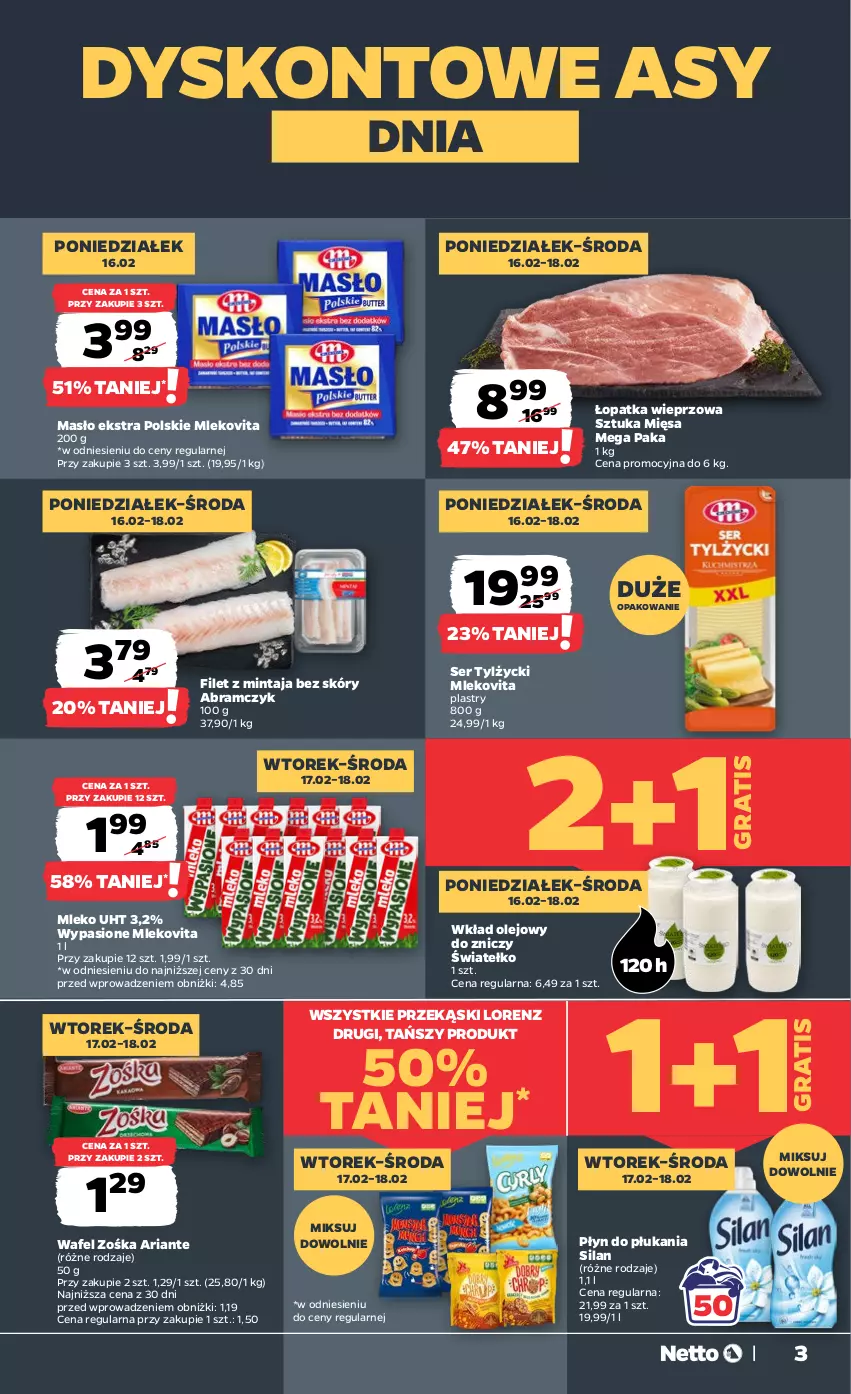 Gazetka promocyjna Netto - Od Poniedziałku - ważna 16.02 do 21.02.2026 - strona 3 - produkty: Filet z mintaja, Gra, Lorenz, Masło, Mintaj, Mleko, Mlekovita, Olej, Płyn do płukania, Ser, Ser tylżycki, Silan, Wkład olejowy, Znicz