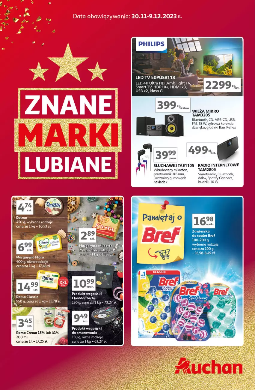 Gazetka promocyjna Auchan - Znane Marki Lubiane Hipermarket Auchan - ważna 30.11 do 09.12.2023 - strona 1 - produkty: Bref, Budzik, Cheddar, Głośnik, Mikrofon, Rama, Słuchawki, Smart tv