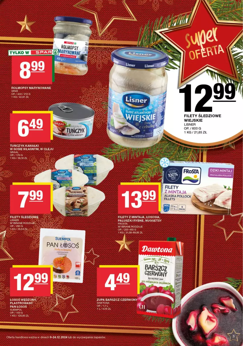 Gazetka promocyjna Spar - Spar - ważna 09.12 do 19.12.2024 - strona 3 - produkty: Dawtona, Frosta, Gra, Graal, Kawa, Lisner, Mintaj, Mop, Olej, Paluszki rybne, Sos, Tuńczyk, Zupa