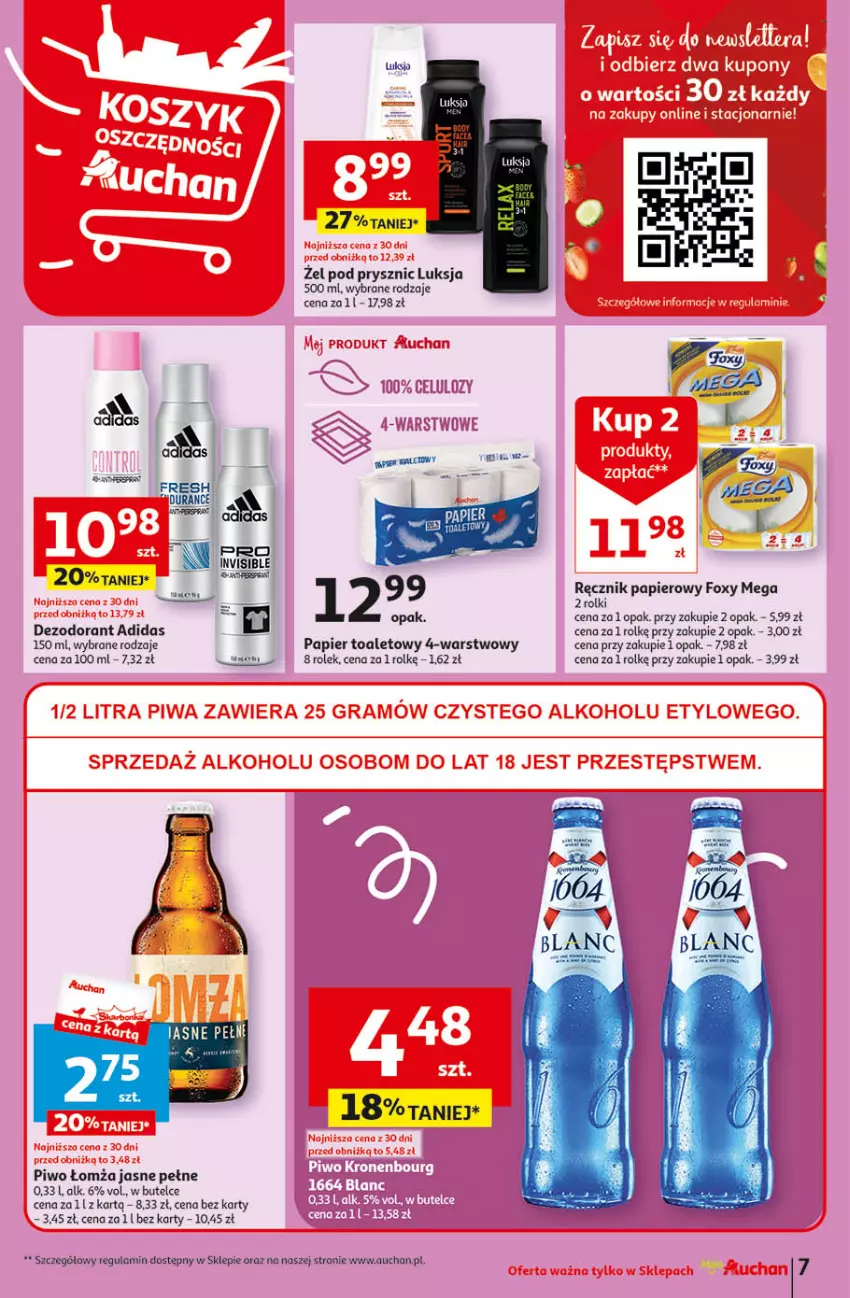 Gazetka promocyjna Auchan - Gazetka Koszyk Oszczędności Moje Auchan - ważna 07.03 do 13.03.2024 - strona 7 - produkty: Adidas, Dezodorant, Foxy, Luksja, Papier, Papier toaletowy, Piwo, Ręcznik, Rolki