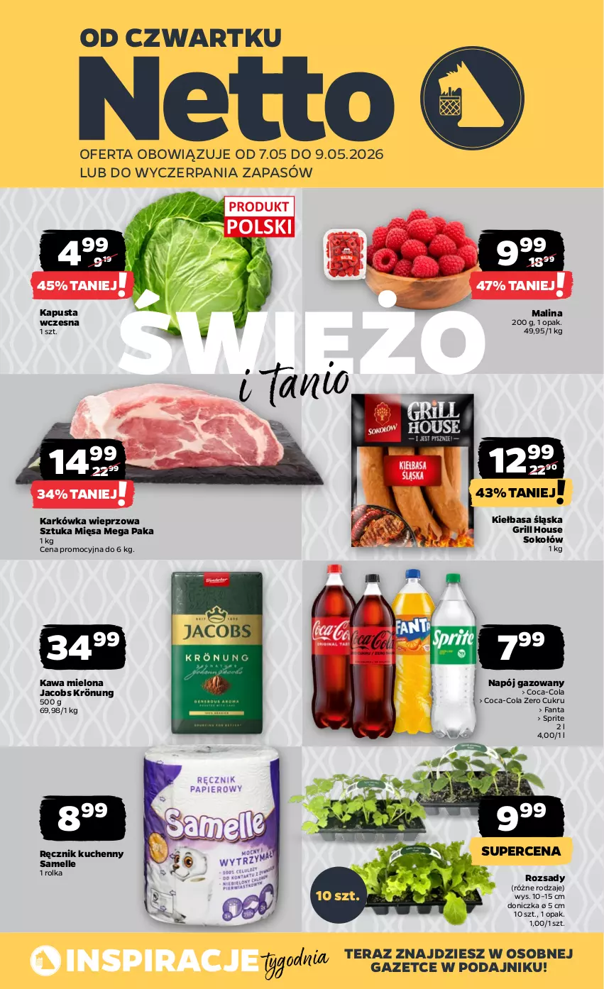 Gazetka promocyjna Netto - Od Czwartku - ważna 07.05 do 09.05.2026 - strona 1 - produkty: Coca-Cola, Fa, Fanta, Grill, Jacobs, Jacobs Krönung, Karkówka wieprzowa, Kawa, Kawa mielona, Kiełbasa, Kiełbasa śląska, Napój, Napój gazowany, Ręcznik, Ręcznik kuchenny, Sok, Sokołów, Sprite, Tera