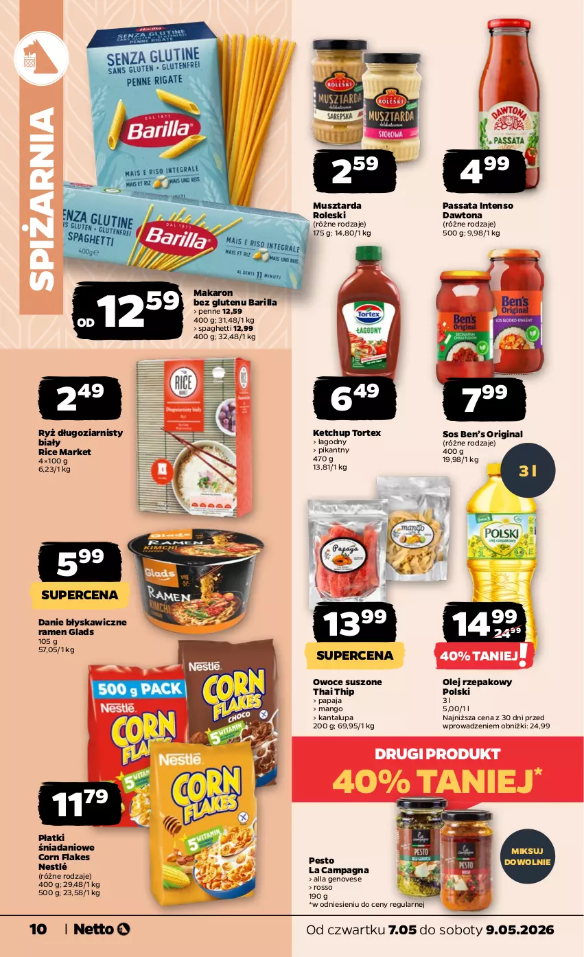 Gazetka promocyjna Netto - Od Czwartku - ważna 07.05 do 09.05.2026 - strona 10 - produkty: Barilla, Corn flakes, Danio, Dawtona, Gin, Ketchup, Makaron, Mango, Mus, Musztarda, Nestlé, Olej, Olej rzepakowy, Owoce, Owoce suszone, Papaja, Penne, Pesto, Ryż, Sos, Spaghetti