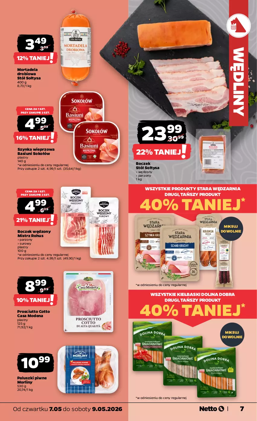Gazetka promocyjna Netto - Od Czwartku - ważna 07.05 do 09.05.2026 - strona 7 - produkty: Boczek, Morliny, Prosciutto, Sok, Sokołów, Stół, Szynka, Szynka wieprzowa