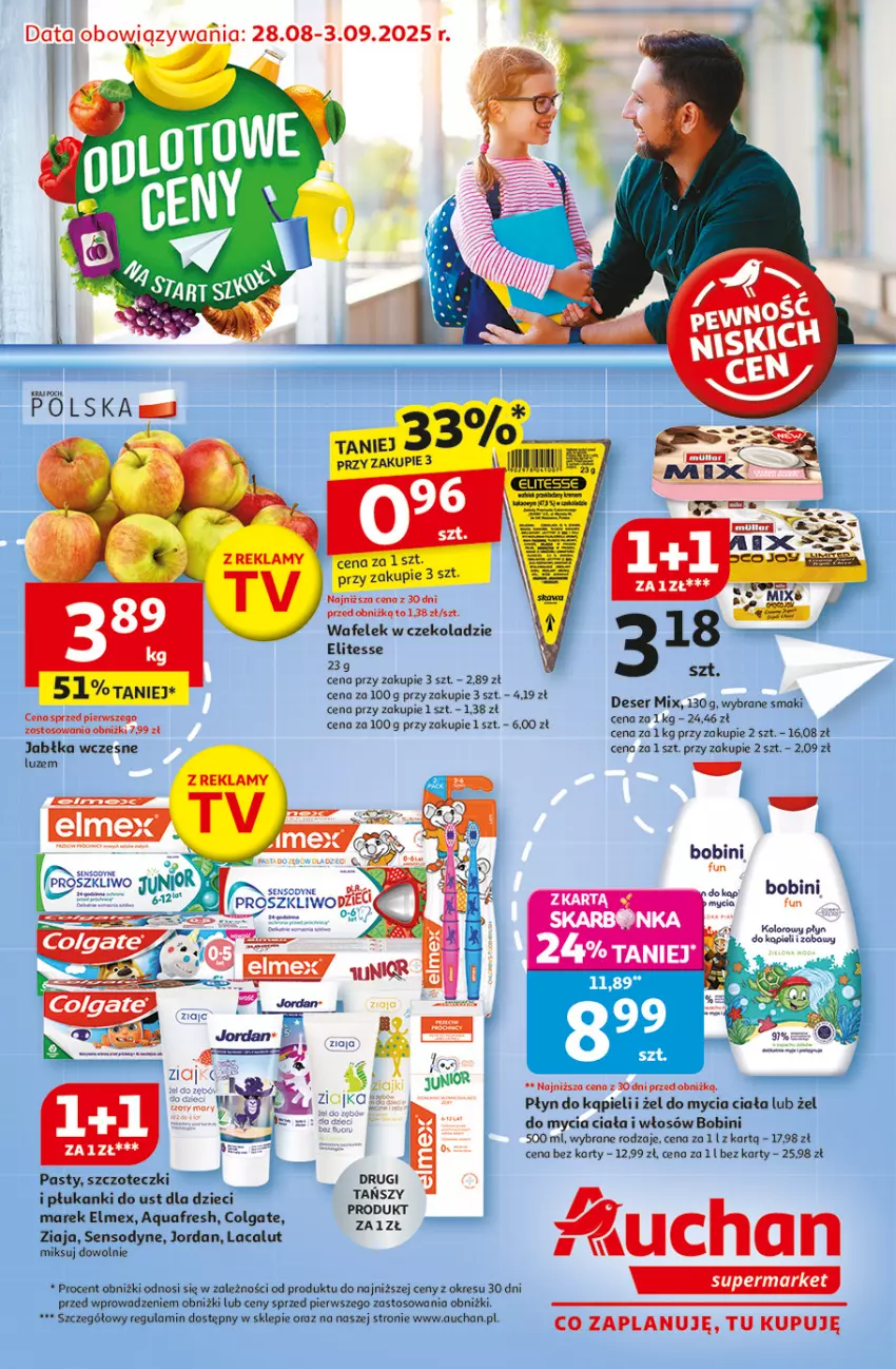 Gazetka promocyjna Auchan - Odlotowe ceny na start szkoły Supermarket - ważna 28.08 do 03.09.2025 - strona 1 - produkty: Aquafresh, Colgate, Deser, Dzieci, Elmex, Fa, Lacalut, LG, Płyn do kąpieli, Sensodyne, Ser, Wafelek, Ziaja
