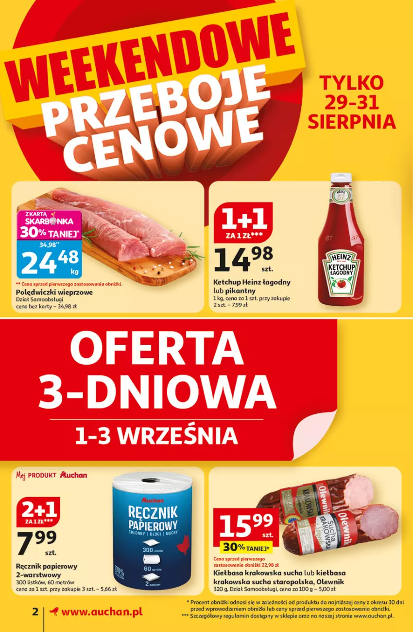 Gazetka promocyjna Auchan - Odlotowe ceny na start szkoły Supermarket - ważna 28.08 do 03.09.2025 - strona 2 - produkty: Heinz, Ketchup, Kiełbasa, Kiełbasa krakowska, Olewnik, Papier, Ręcznik
