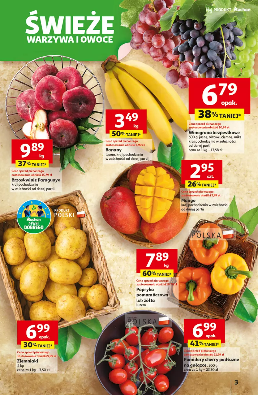 Gazetka promocyjna Auchan - Odlotowe ceny na start szkoły Supermarket - ważna 28.08 do 03.09.2025 - strona 3 - produkty: Banany, Brzoskwinie, Mango, Owoce, Papryka, Pomidory, Warzywa, Warzywa i owoce, Wino, Winogrona, Winogrona bezpestkowe, Ziemniaki