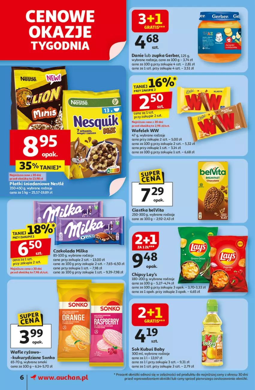Gazetka promocyjna Auchan - Odlotowe ceny na start szkoły Supermarket - ważna 28.08 do 03.09.2025 - strona 6 - produkty: BelVita, Chipsy, Ciastka, Czekolada, Fa, Gerber, Gra, Kubuś, Milka, Ryż, Sok, Sonko, Wafelek, Wafle