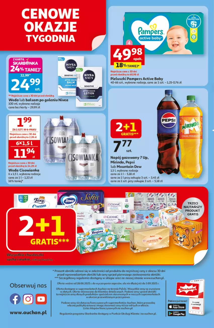 Gazetka promocyjna Auchan - Odlotowe ceny na start szkoły Supermarket - ważna 28.08 do 03.09.2025 - strona 8 - produkty: Balsam po goleniu, Cisowianka, Cleanic, Gra, Mirinda, Napój, Napój gazowany, Nivea, Pampers, Pepsi, Ser, Tera, Woda