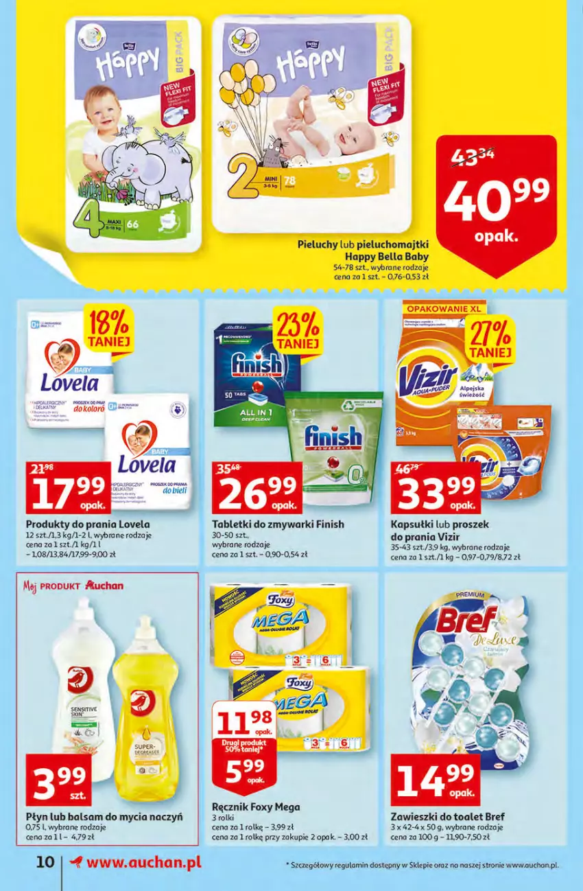 Gazetka promocyjna Auchan - Szkoła oszczędzania Supermarkety 25-31.08 - ważna 29.08 do 31.08.2022 - strona 10 - produkty: Balsam do mycia naczyń, Bell, Bella, Bref, Do mycia naczyń, Finish, Foxy, Lovela, Majtki, Pieluchomajtki, Pieluchy, Ręcznik, Rolki, Rum, Tablet, Tabletki do zmywarki, Vizir, Zawieszki, Zmywarki