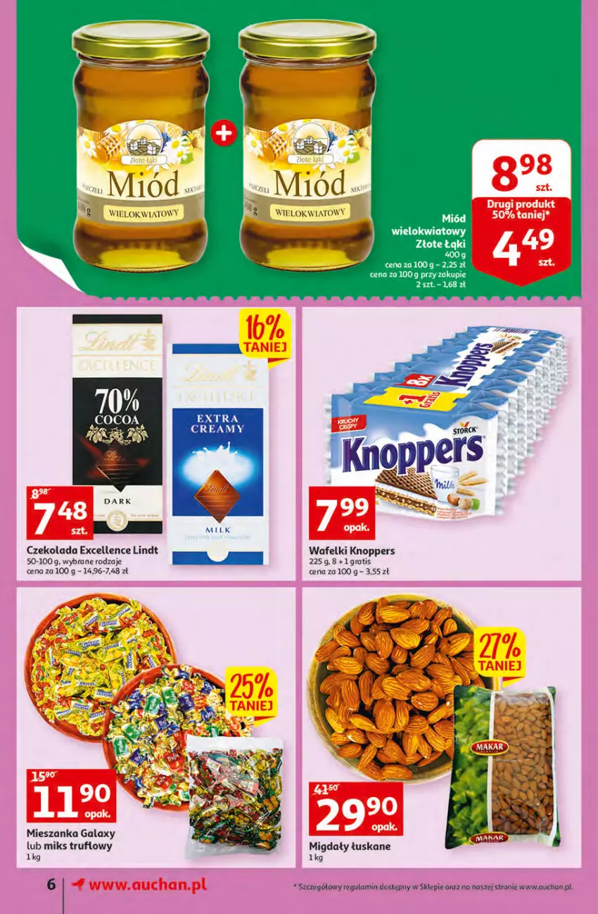 Gazetka promocyjna Auchan - Szkoła oszczędzania Supermarkety 25-31.08 - ważna 29.08 do 31.08.2022 - strona 6 - produkty: Czekolada, Fa, Gala, Gra, Knoppers, Lindt, Migdały, Miód