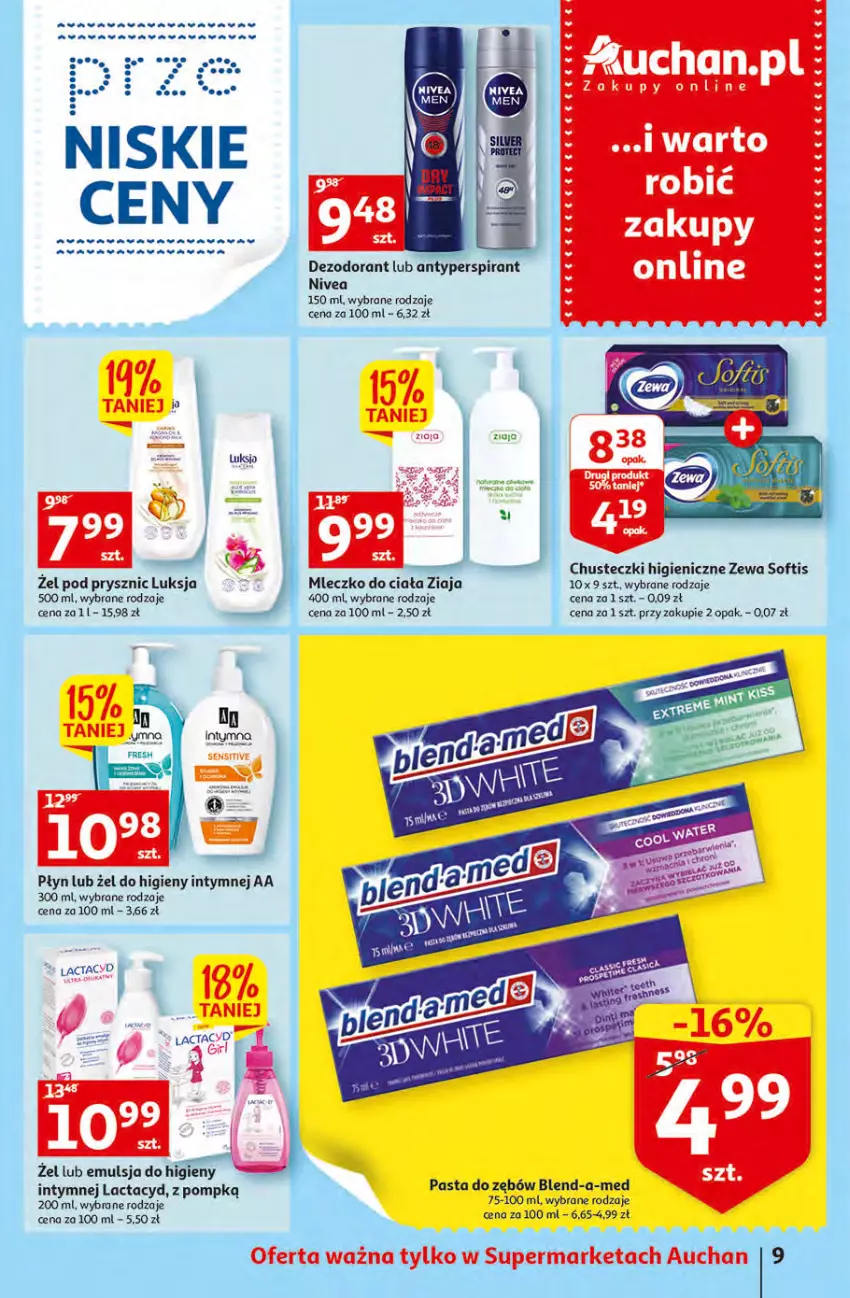 Gazetka promocyjna Auchan - Szkoła oszczędzania Supermarkety 25-31.08 - ważna 29.08 do 31.08.2022 - strona 9 - produkty: Antyperspirant, Chusteczki, Dezodorant, Emulsja, LG, Luksja, Mleczko, Mleczko do ciała, Nivea, Ziaja