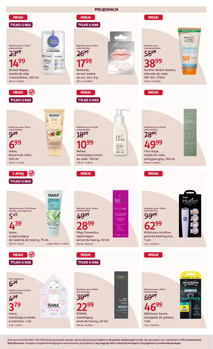 Gazetka promocyjna Rossmann - Gazetka promocyjna Rossmanna - ważna 07.05 do 13.05.2026 - strona 3 - produkty: Balsam do ciała, Bielenda, Garnier, Golarka, Isana, Krem do twarzy, Maska, Maska do stóp, Maska w płachcie, Maszynka, Maszynka do golenia, Miya Cosmetics, Mleczko, Mleczko do ciała, Olej, Olejek do ciała, Peeling, Rum, Ser, Serum, Serum do twarzy, Szynka, Wilkinson Sword