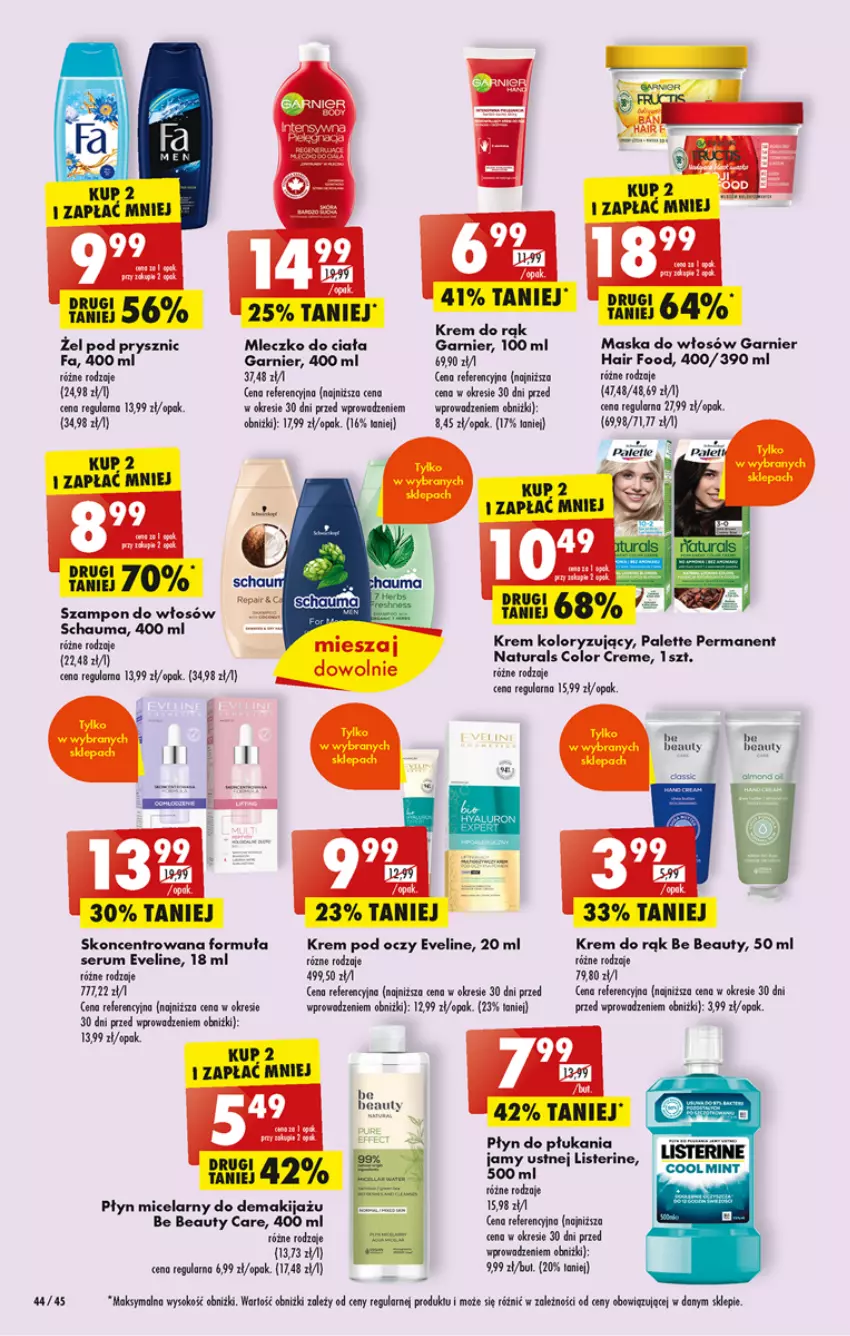 Gazetka promocyjna Biedronka - ważna 03.04 do 08.04.2023 - strona 44 - produkty: Be Be, Color Creme, Eveline, Fa, Garnier, Krem do rąk, Krem pod oczy, Listerine, Makijaż, Maska, Maska do włosów, Mleczko, Mleczko do ciała, Palette, Płyn do płukania, Płyn micelarny, Rum, Ser, Serum, Sok