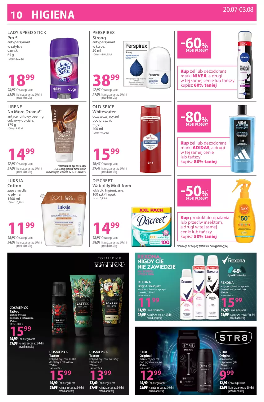 Gazetka promocyjna Hebe - Gazetka - ważna 20.07 do 03.08.2026 - strona 10 - produkty: Adidas, Antyperspirant, Dezodorant, Discreet, Gin, Lady Speed Stick, Lirene, Luksja, Nivea, Old Spice, Peeling, Rama, Rexona, Str8, Wkładki, Zapas mydła w płynie