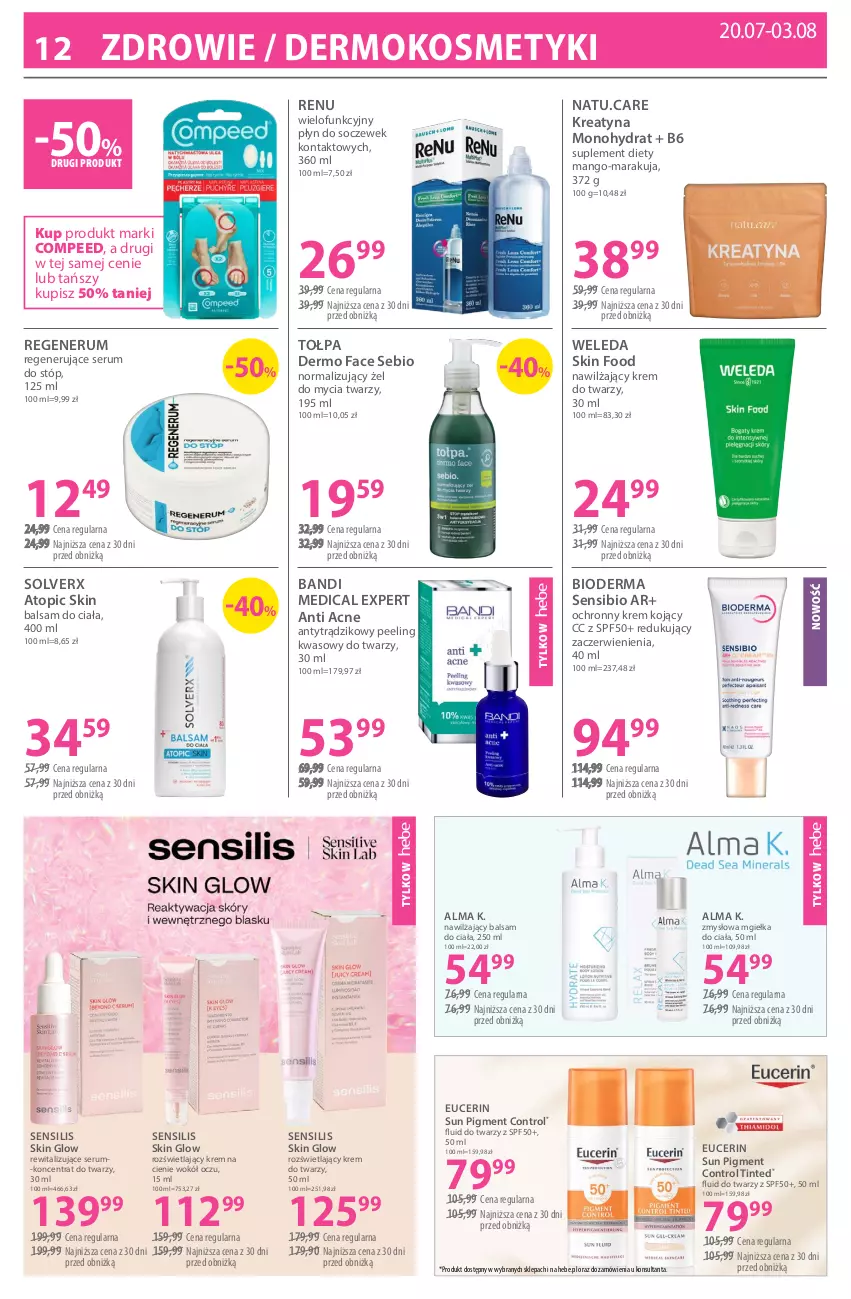 Gazetka promocyjna Hebe - Gazetka - ważna 20.07 do 03.08.2026 - strona 12 - produkty: Balsam do ciała, Bandi, Bioderma, Control, Fa, Krem do twarzy, Mango, Nawilżający balsam, Ochronny krem, Peeling, Płyn do soczewek, Rum, Ser, Serum, Serum do stóp, Suplement diety, Tołpa, Top, Weleda, Zdrowie