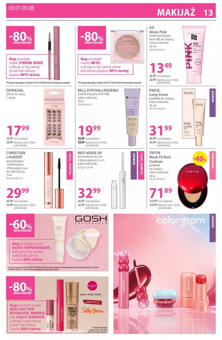 Gazetka promocyjna Hebe - Gazetka - ważna 20.07 do 03.08.2026 - strona 13 - produkty: Bell, Bell HypoAllergenic, Bourjois, Fa, Gosh, Konturówka do ust, Krem bb, Laur, Makijaż, Max Factor, PAESE, Pierre René, Podkład, Podkład do twarzy, Sally Hansen, Sztuczne rzęsy, Tusz