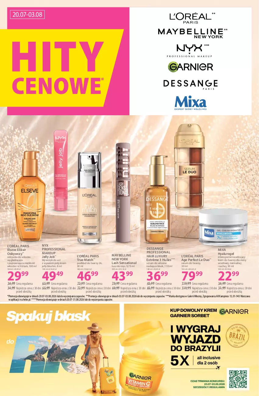 Gazetka promocyjna Hebe - Gazetka - ważna 20.07 do 03.08.2026 - strona 8 - produkty: Bell, Błyszczyk do ust, Elseve, Krem do twarzy, L’Oréal, Maybelline, Mixa, Odżywka, Podkład, Podkład do twarzy, Rum, Sati, Ser, Serum, Serum do twarzy, Serum do włosów, Sok, Tusz