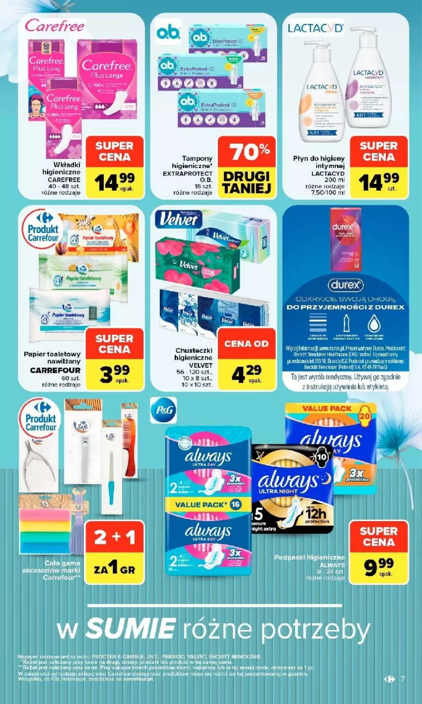 Gazetka promocyjna Carrefour - Gazetka Market w SUMIE siebie znasz najlepiej - ważna 07.09 do 19.09.2026 - strona 7 - produkty: AEG, Carefree, Chusteczki, Durex, Fa, Lactacyd, O.B., Papier, Papier toaletowy, Płyn do higieny intymnej, Por, Velvet