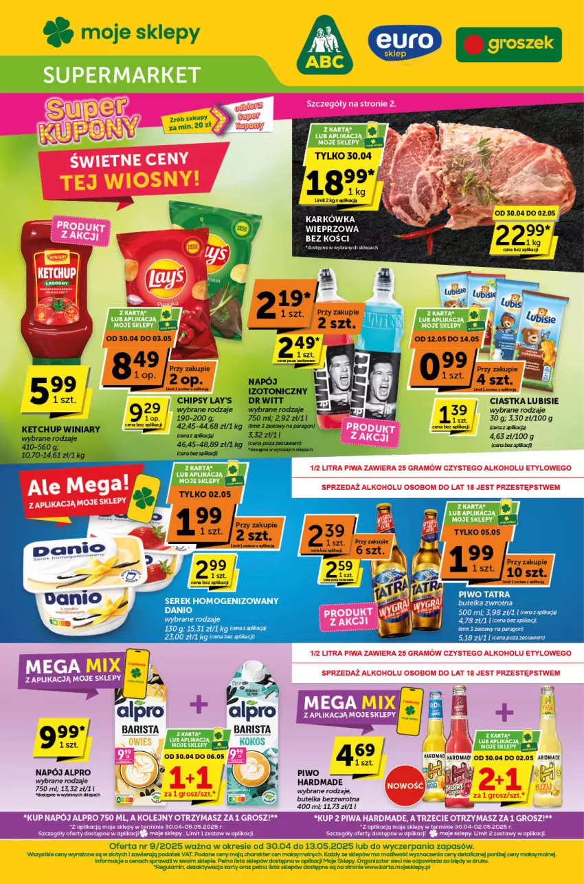 Gazetka promocyjna ABC - ważna 30.04 do 13.05.2025 - strona 1 - produkty: Alpro, Chipsy, Ciastka, Danio, Karkówka wieprzowa, Kokos, Lubisie, Napój, Piwo, Ser, Serek, Serek homogenizowany, Sos, Tatra