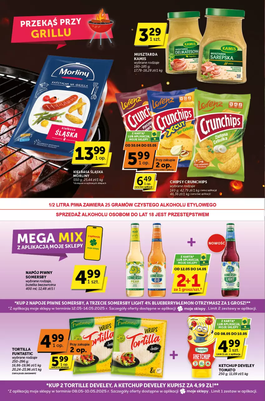 Gazetka promocyjna ABC - ważna 30.04 do 13.05.2025 - strona 6 - produkty: Chipsy, Crunchips, Grill, Kamis, Ketchup, Kiełbasa, Kiełbasa śląska, Morliny, Mus, Musztarda, Napój, Somersby, Tortilla