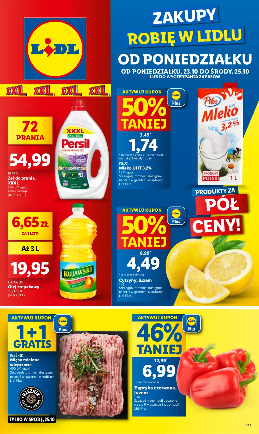 Gazetka promocyjna Lidl - GAZETKA - ważna 23.10 do 25.10.2023 - strona 1 - produkty: Cytryny, Gra, Kujawski, Mięso, Mięso mielone, Mleko, Olej, Olej rzepakowy, Papryka, Papryka czerwona, Persil, Pilos