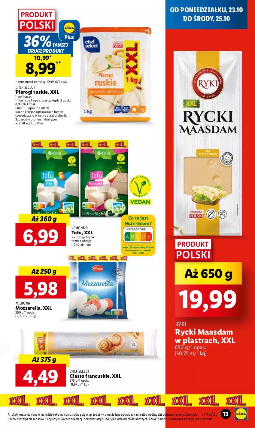 Gazetka promocyjna Lidl - GAZETKA - ważna 23.10 do 25.10.2023 - strona 17 - produkty: Ciasto francuskie, Maasdam, Mozzarella, Olej, Pierogi, Tofu, Wazon