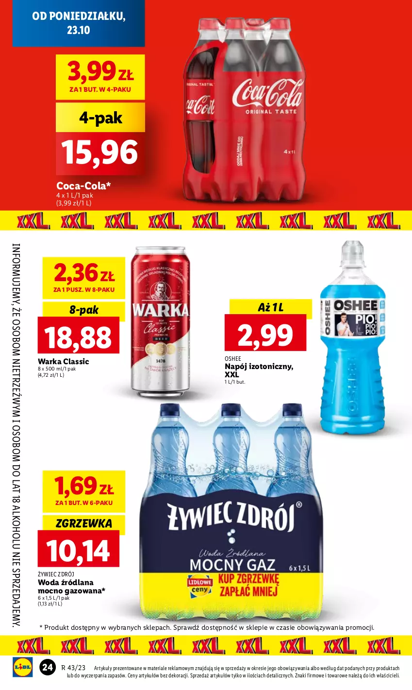 Gazetka promocyjna Lidl - GAZETKA - ważna 23.10 do 25.10.2023 - strona 28 - produkty: Coca-Cola, LANA, Napój, Napój izotoniczny, Oshee, Warka, Woda