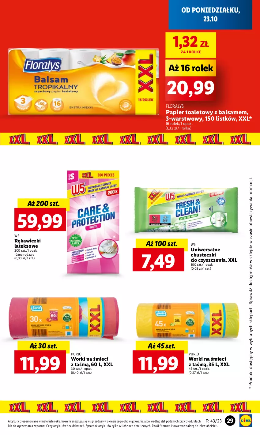 Gazetka promocyjna Lidl - GAZETKA - ważna 23.10 do 25.10.2023 - strona 33 - produkty: Chusteczki, Chusteczki do czyszczenia, Flora, Papier, Papier toaletowy, Pur, Worki na śmiec, Worki na śmieci