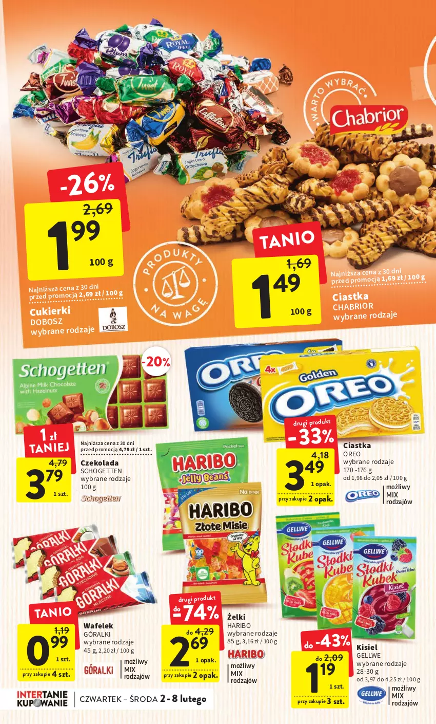 Gazetka promocyjna Intermarche - Gazetka Intermarche - ważna 02.02 do 08.02.2023 - strona 28 - produkty: Chabrior, Ciastka, Cukier, Cukierki, Czekolada, Góralki, Haribo, Kisiel, Oreo, Schogetten, Wafelek