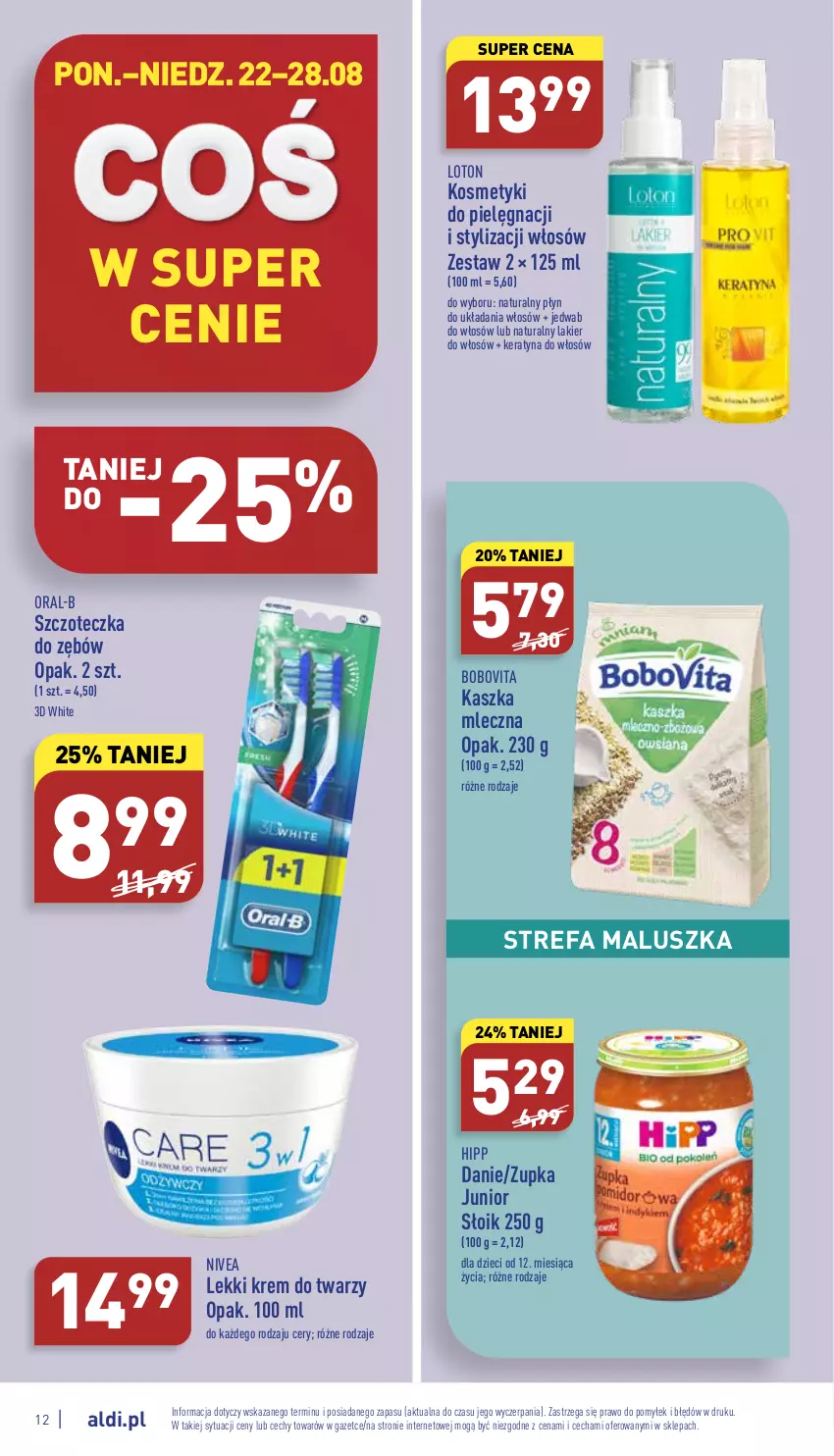 Gazetka promocyjna Aldi - Pełny katalog - ważna 22.08 do 28.08.2022 - strona 12 - produkty: BoboVita, Dzieci, Fa, HiPP, Kosmetyki do pielęgnacji, Krem do twarzy, Lakier, Lakier do włosów, Nivea, Szczoteczka, Szczoteczka do zębów