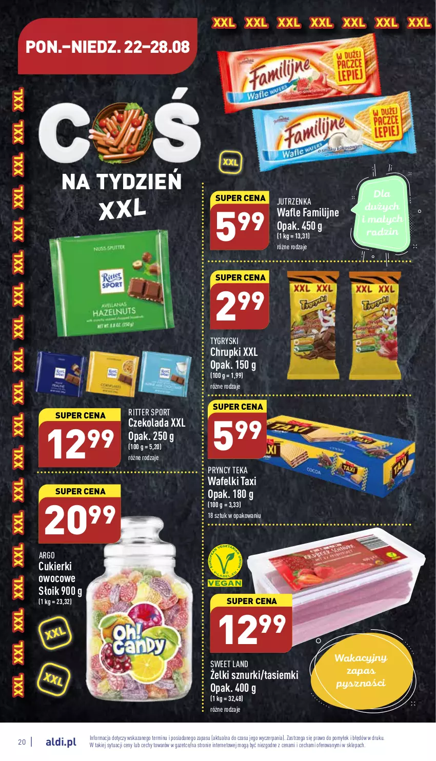 Gazetka promocyjna Aldi - Pełny katalog - ważna 22.08 do 28.08.2022 - strona 20 - produkty: Chrupki, Cukier, Cukierki, Czekolada, Fa, Gry, Jutrzenka, Por, Ritter Sport, Sport, Wafle