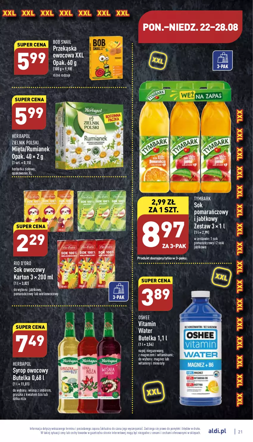 Gazetka promocyjna Aldi - Pełny katalog - ważna 22.08 do 28.08.2022 - strona 21 - produkty: Dzika róża, Herbapol, Imbir, Magnez, Mięta, Napój, Napój niegazowany, Oshee, Róża, Rum, Sok, Sok pomarańczowy, Syrop, Tymbark