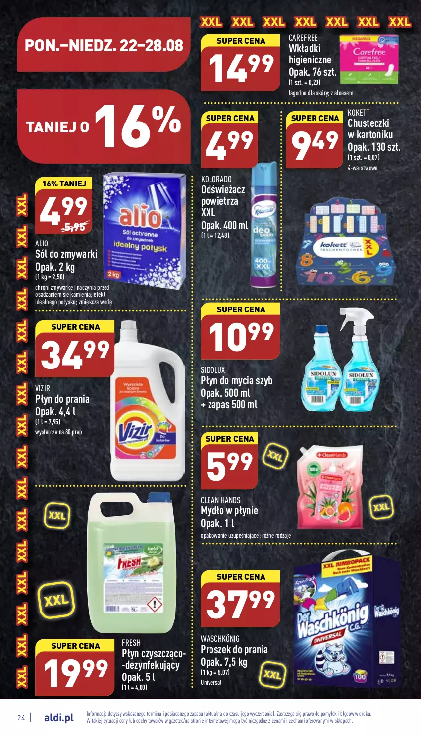 Gazetka promocyjna Aldi - Pełny katalog - ważna 22.08 do 28.08.2022 - strona 24 - produkty: Carefree, Chusteczki, Kolorado, König, Mydło, Mydło w płynie, Odświeżacz powietrza, Płyn do mycia, Płyn do prania, Proszek do prania, Sidolux, Sól, Tonik, Vizir, Wkładki, Zmywarki