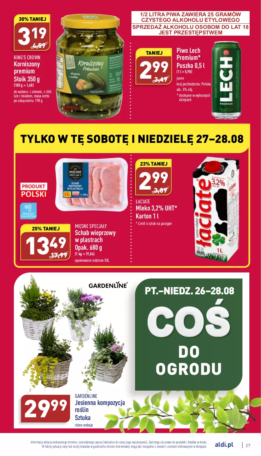 Gazetka promocyjna Aldi - Pełny katalog - ważna 22.08 do 28.08.2022 - strona 27 - produkty: Gra, Korniszony, Lech Premium, Mięsne specjały, Mleko, Piwa, Piwo, Schab wieprzowy