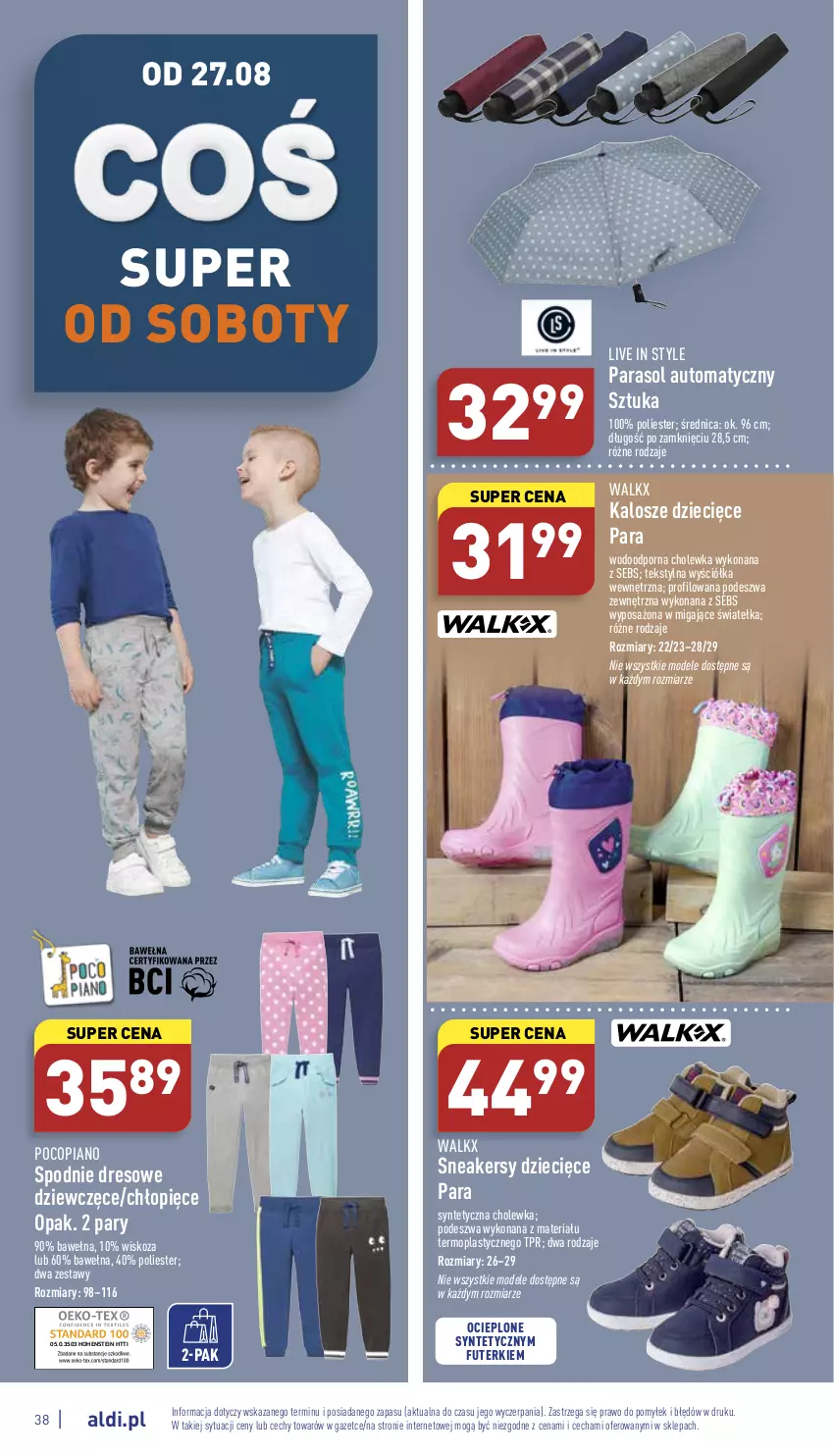 Gazetka promocyjna Aldi - Pełny katalog - ważna 22.08 do 28.08.2022 - strona 38 - produkty: Dres, Dzieci, Mop, Parasol, Pocopiano, Por, Sneakersy, Spodnie, Spodnie dresowe, Wełna