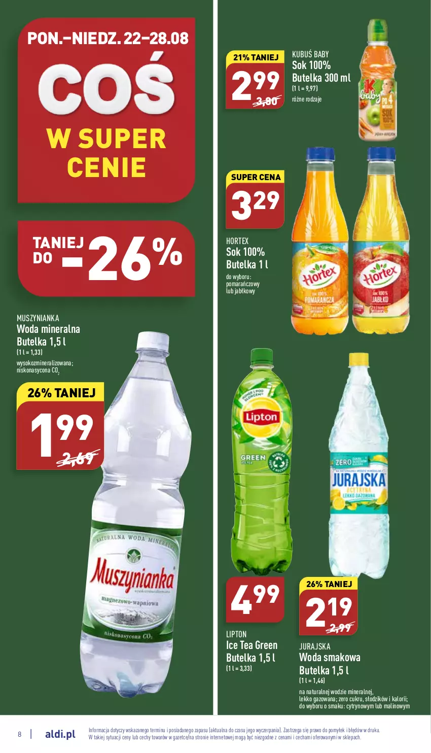 Gazetka promocyjna Aldi - Pełny katalog - ważna 22.08 do 28.08.2022 - strona 8 - produkty: Hortex, Ice tea, Kubuś, Lipton, Mus, Muszynianka, Sok, Woda, Woda mineralna