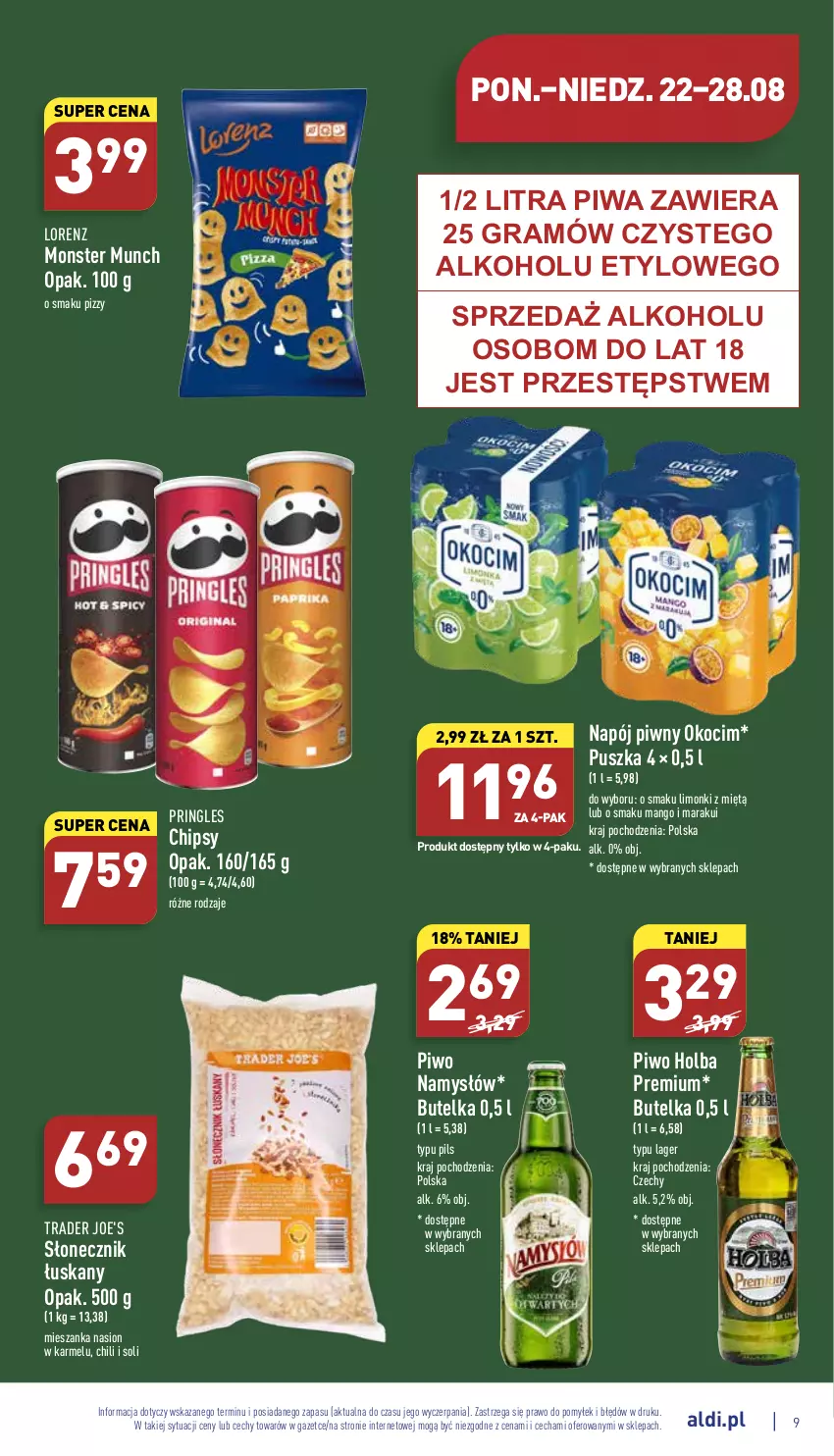 Gazetka promocyjna Aldi - Pełny katalog - ważna 22.08 do 28.08.2022 - strona 9 - produkty: Chipsy, Gra, Koc, Lorenz, Mango, Monster Munch, Namysłów, Napój, Okocim, Piwa, Piwo, Pringles