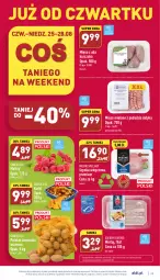 Gazetka promocyjna Aldi - Pełny katalog - Gazetka - ważna od 28.08 do 28.08.2022 - strona 25 - produkty: Kurczak, Mięso mielone, Por, Szynka wieprzowa, Mięso z uda kurczaka, Mięsne specjały, Ziemniaki, Ryby i owoce morza, Golden Seafood, Szynka, Maliny, Owoce morza, Owoce, Mintaj, Mięso