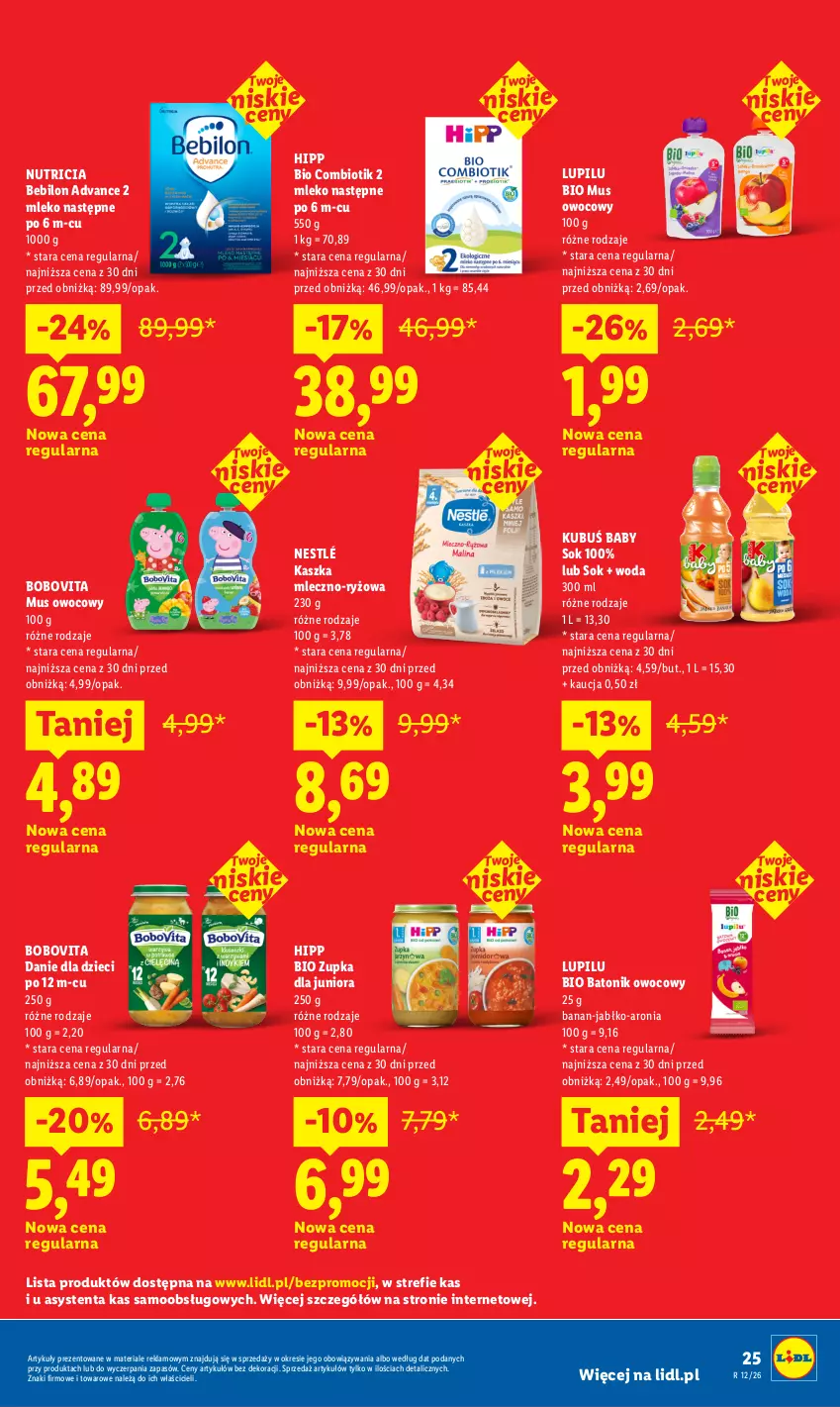 Gazetka promocyjna Lidl - Rewolucja cenowa! - ważna 23.05 do 01.07.2026 - strona 25 - produkty: Aronia, Baton, BEBILON, Bio Batonik, BoboVita, Danie dla dzieci, Dzieci, HiPP, Hipp Bio, Kubuś, Mleko, Mus, Nestlé, O nas, Ryż, Sok, Tonik, Woda