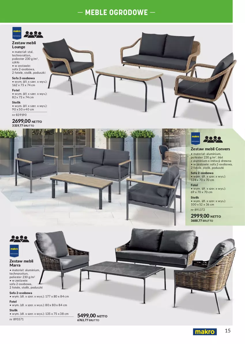 Gazetka promocyjna Makro - Meble i grille. Oferta dla profesjonalistów - ważna 13.03 do 31.08.2023 - strona 15 - produkty: Fa, Fotel, Meble, Sofa, Sofa 2-osobowa, Stolik