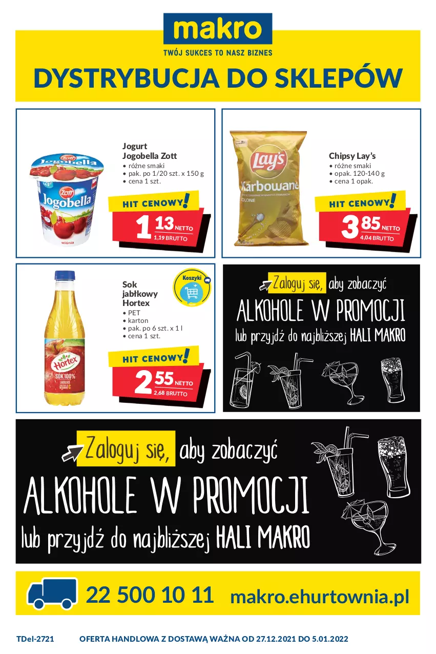 Gazetka promocyjna Makro - [Oferta promocyjna] Dostawy - ważna 27.12.2021 do 05.01.2022 - strona 1 - produkty: Bell, Bella, Chipsy, Hortex, Jogobella, Jogurt, Lay’s, Sok, Sok jabłkowy, Zott