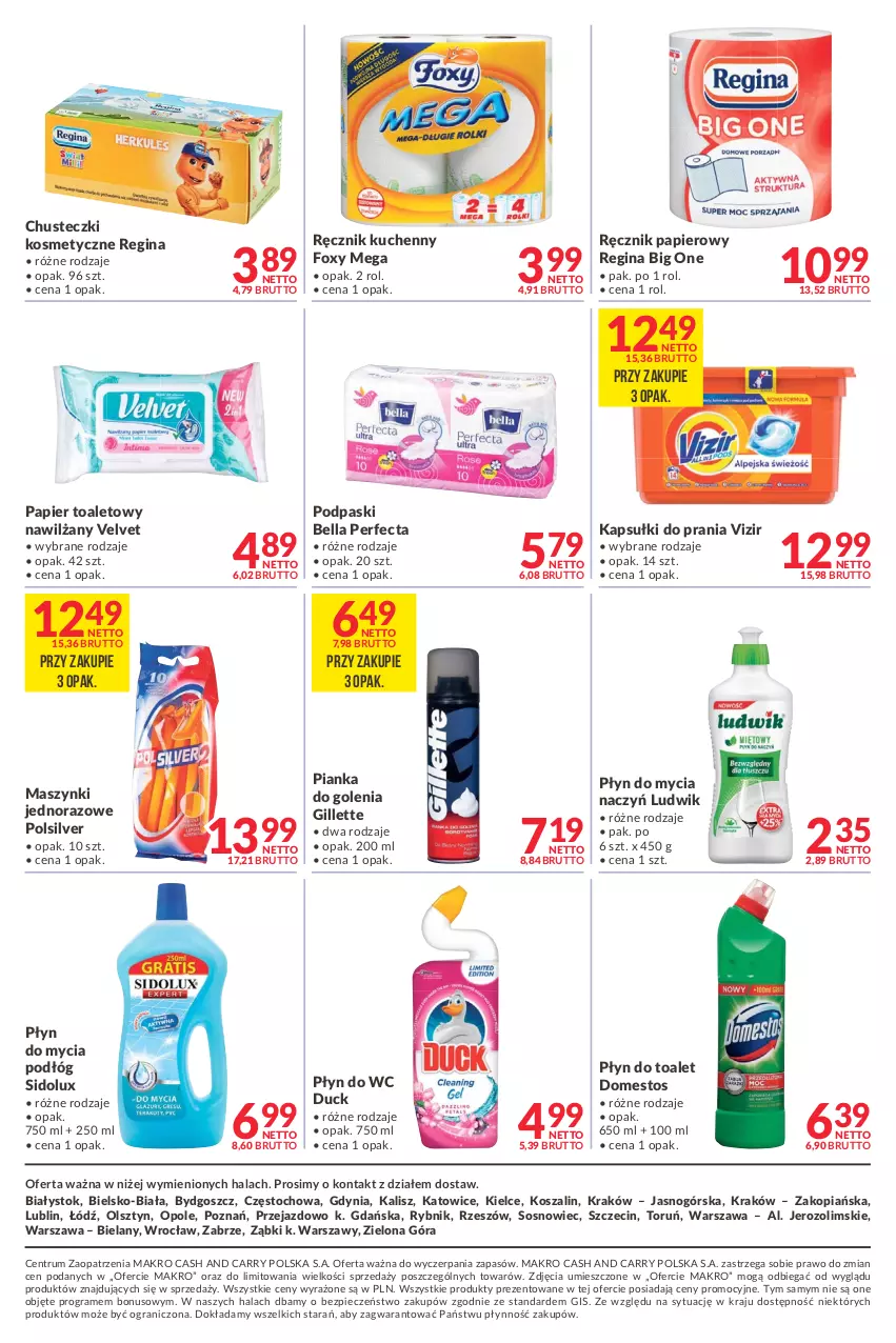 Gazetka promocyjna Makro - [Oferta promocyjna] Dostawy - ważna 27.12.2021 do 05.01.2022 - strona 12 - produkty: Bell, Bella, Chusteczki, Chusteczki kosmetyczne, Do mycia naczyń, Domestos, Duck, Foxy, Gillette, Gin, Gra, Kapsułki do prania, Kosz, Ludwik, Papier, Papier toaletowy, Perfecta, Pianka do golenia, Piec, Płyn do mycia, Płyn do mycia naczyń, Płyn do mycia podłóg, Płyn do wc, Podpaski, Ręcznik, Ręcznik kuchenny, Rum, Sidolux, Sos, Szal, Velvet, Vizir