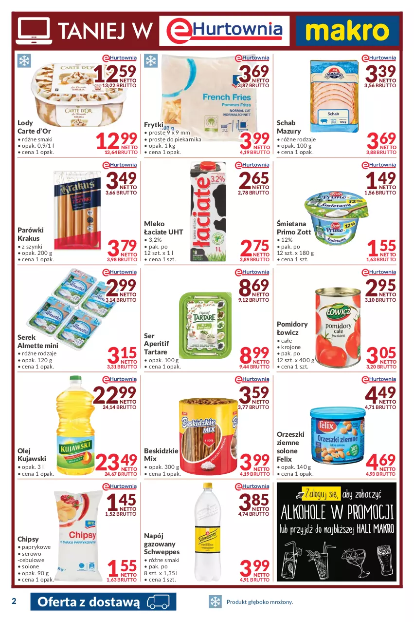 Gazetka promocyjna Makro - [Oferta promocyjna] Dostawy - ważna 27.12.2021 do 05.01.2022 - strona 2 - produkty: Almette, Beskidzki, Chipsy, Felix, Frytki, Krakus, Kujawski, Lody, Mleko, Napój, Napój gazowany, Olej, Orzeszki, Orzeszki ziemne, Parówki, Piekarnik, Pomidory, Schweppes, Ser, Serek, Tarta, Tartare, Zott