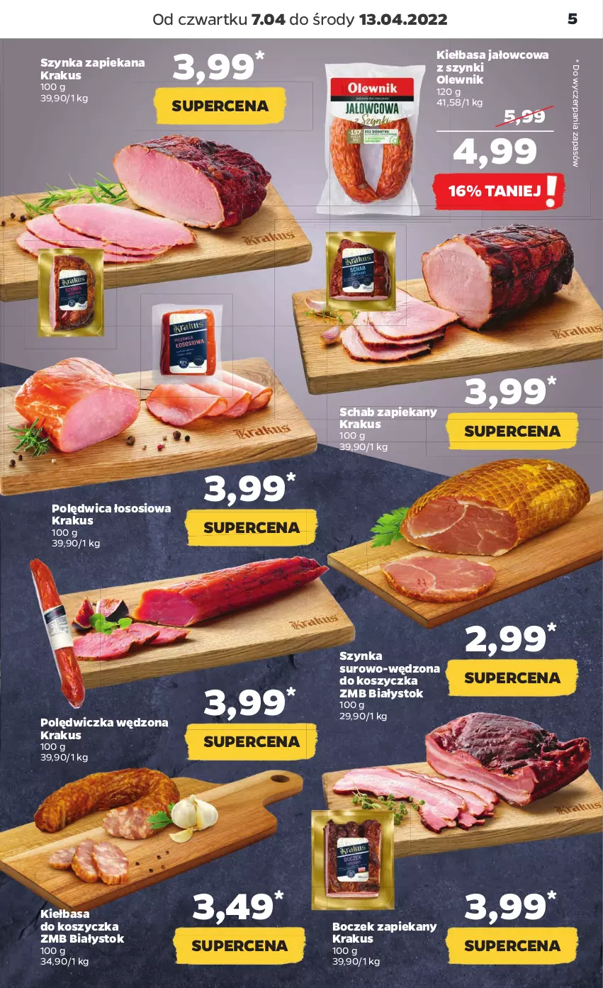 Gazetka promocyjna Netto - Gazetka spożywcza 7.04-13.04 - ważna 07.04 do 13.04.2022 - strona 5 - produkty: Boczek, Kiełbasa, Kosz, Krakus, Olewnik, Polędwica, Sos, Szynka