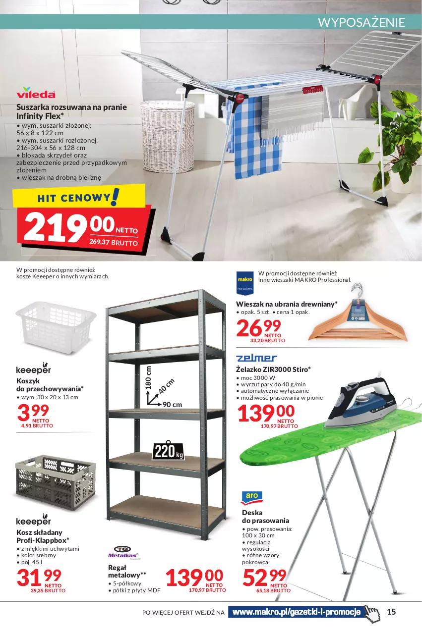 Gazetka promocyjna Makro - [Oferta promocyjna] Artykuły spożywcze i przemysłowe - ważna 14.06 do 27.06.2022 - strona 15 - produkty: Deska do prasowania, Kosz, Piec, Regał, Regał metalowy, Sok, Suszarka, Suszarki, Ubrania, Wieszak